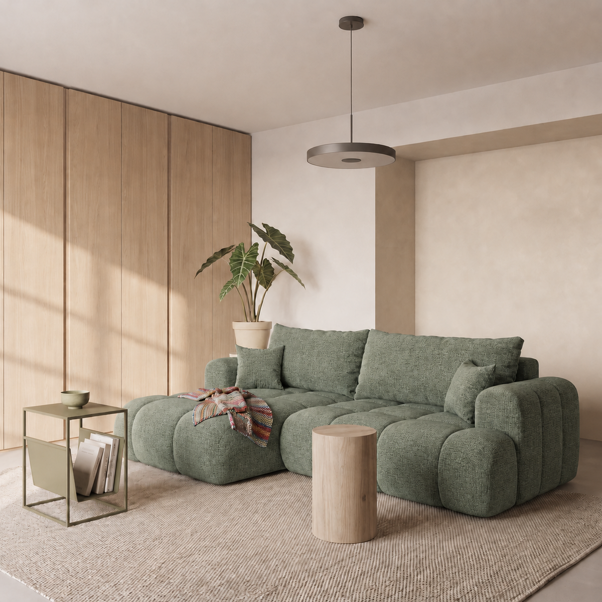 Ecksofa TREVIO L-Form mit Schlaffunktion und Bettkasten, Wolken-Design - Dunkelgrün, Stoff Cremona 39