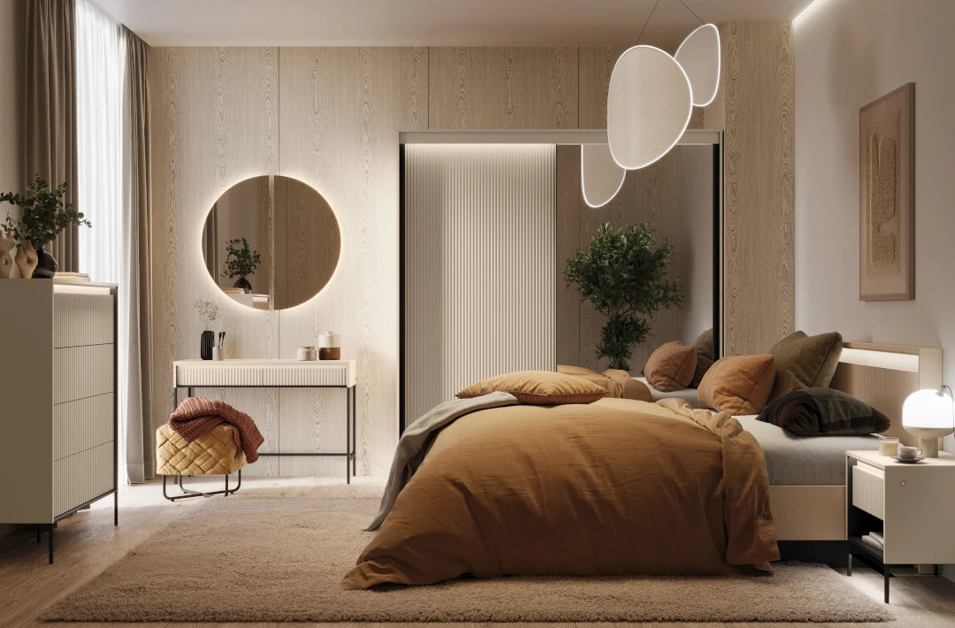 LED Spiegel für Schlafzimmer 75x75 cm – Sandbeige/Schwarz | Modernes Wandspiegel Design TREND TS-08 mit Beleuchtung