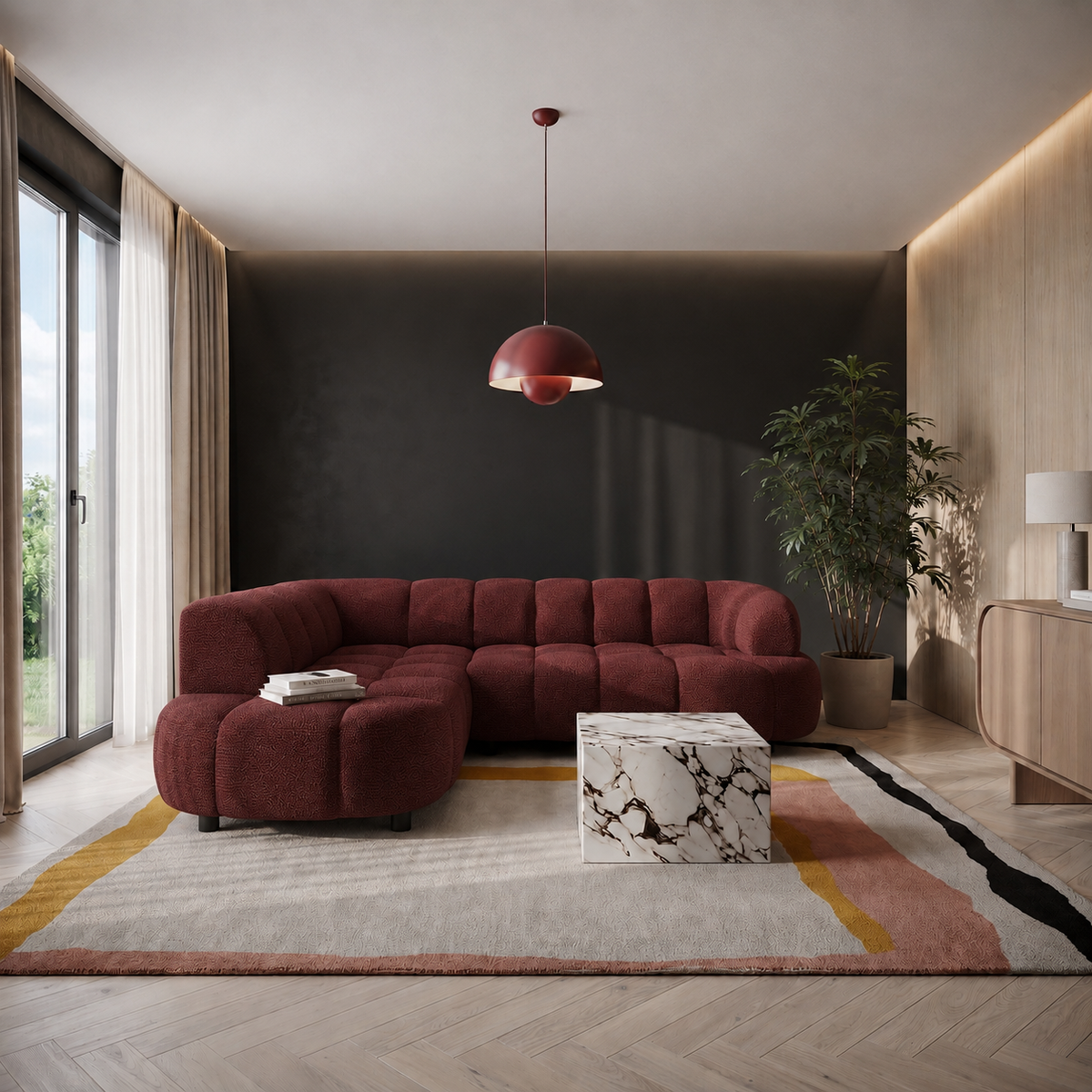 VELPA L Ecksofa in Weinrot, Stoff Jaguar 09
