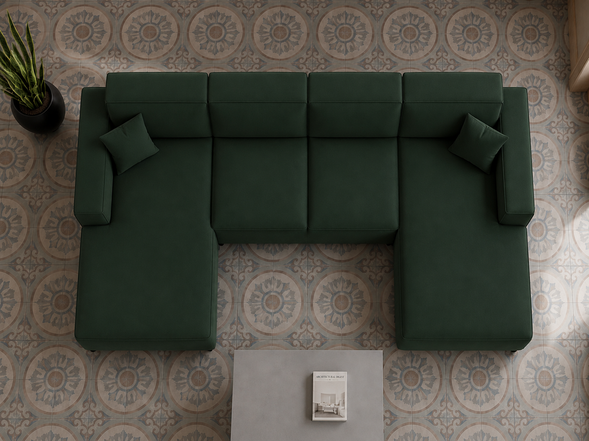 LUGA U HILLS Ecksofa in U-Form – große Wohnlandschaft, freistehend, mit Wellenfedern Typ B und Tiffany Veloursbezug - Grün