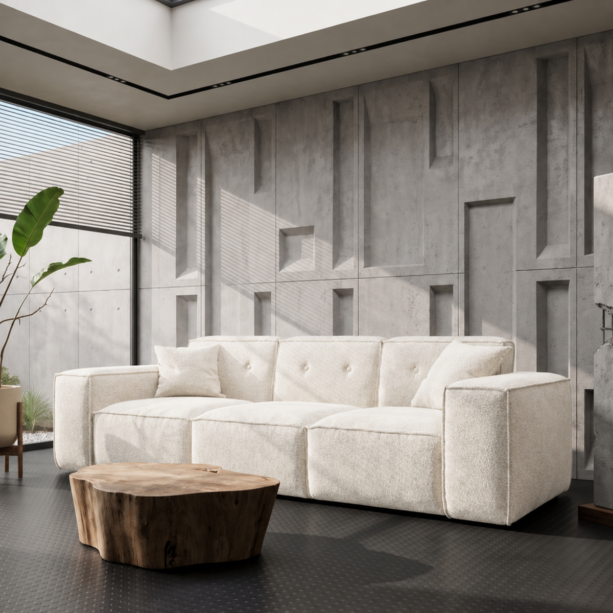 Sofa LUGA 225 cm mit Knöpfen 3-Sitzer Chenille Stoff Creme (Perfect Harmony 01)