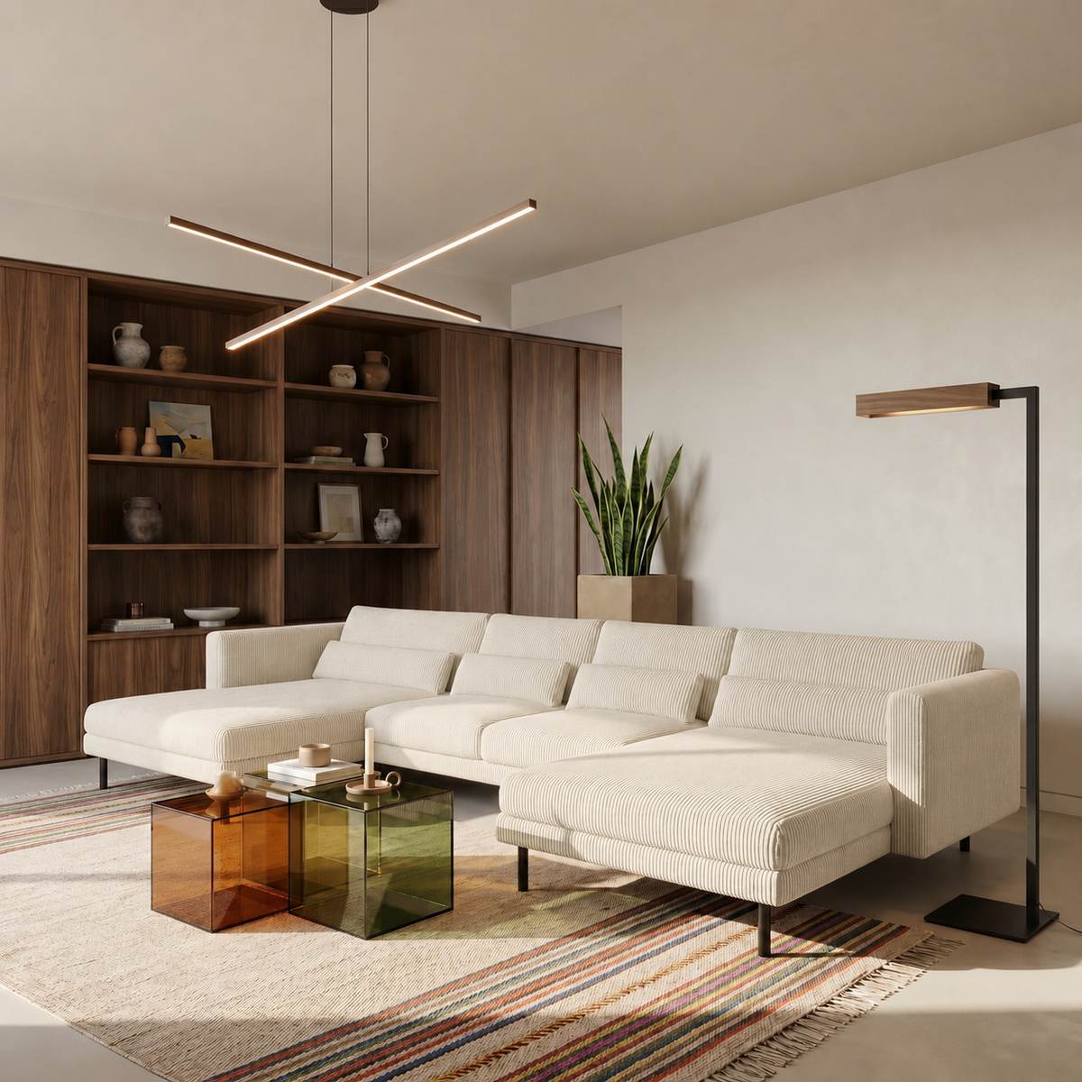 Ecksofa DANI U – Großes Familiensofa in U-Form, bequeme Couch für Wohnzimmer mit Cordstoff POSO, Creme Poso 100