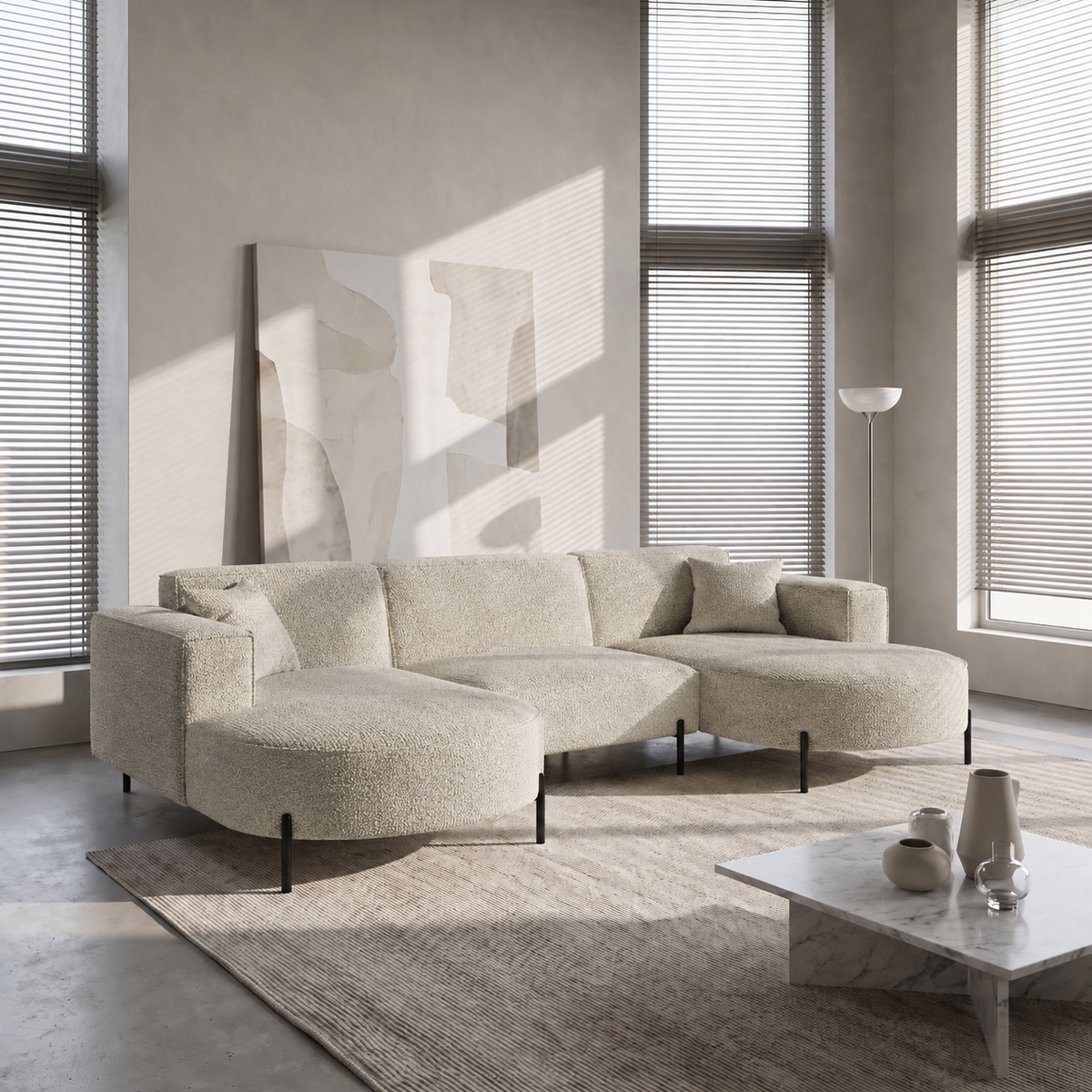 PARMA U HILLS Ecksofa – Sofa mit Bouclé Stoff Quelle, modernes Design, 299 cm - Creme Beige (Quelle 06)