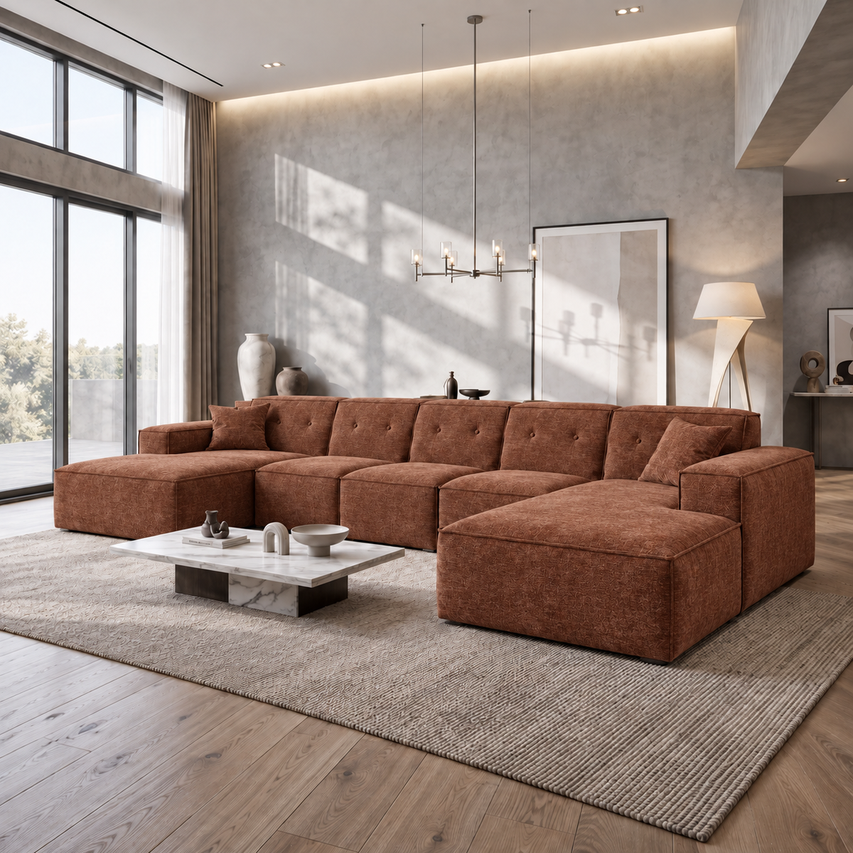 Ecksofa LUGA U XL 462 cm mit Knöpfen Chenille Stoff Rostfarbe (Perfect Harmony 52)