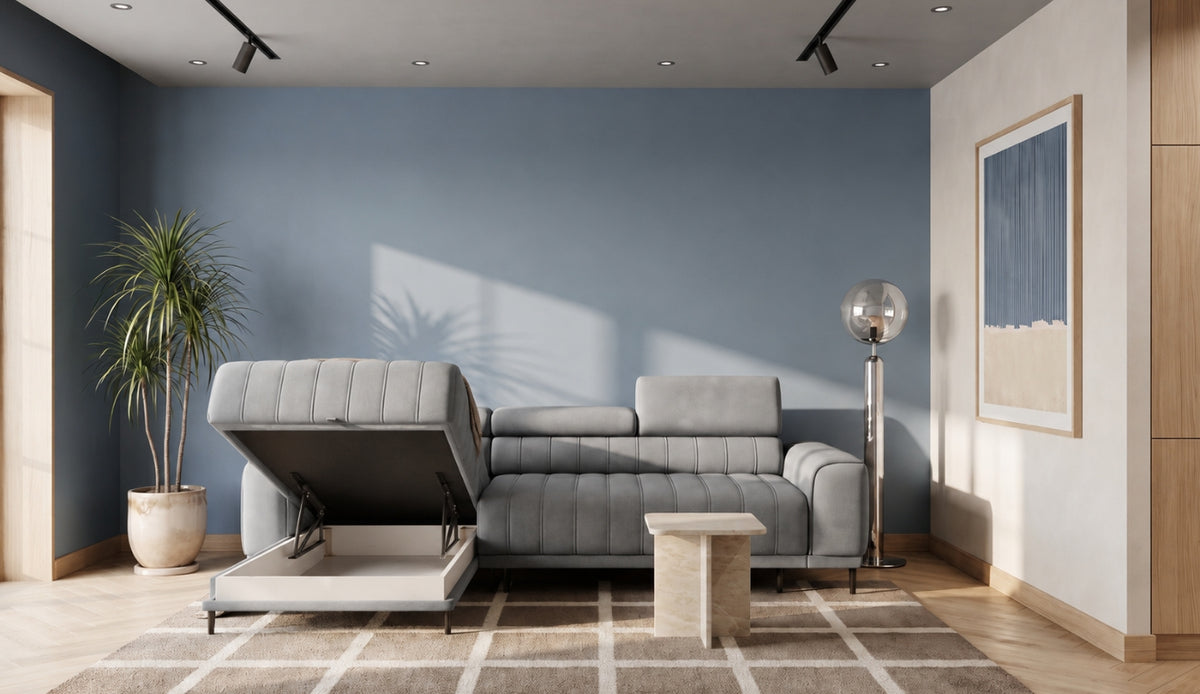 Ecksofa CALDO MINI Relaxfunktion Schlaffunktion Bettkasten Creme (Ontario 02)