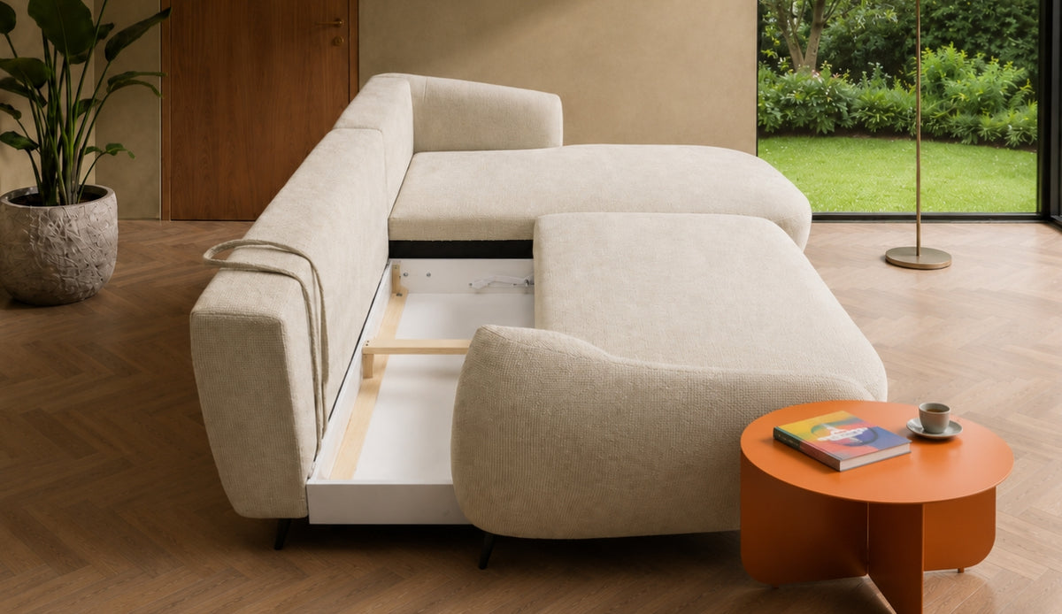 Ecksofa CANDY mit Schlaffunktion, Bettkasten & eleganten Metallfüßen - Beige (Eden 04)