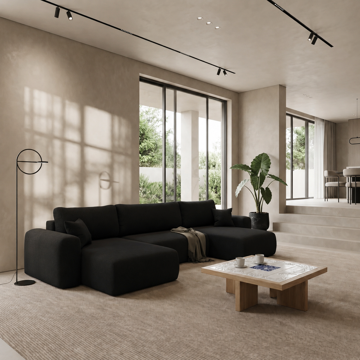 Ecksofa CAPRI U Wohnlandschaft mit Schlaffunktion Bettkasten Schwarz Universall (Neve 100)