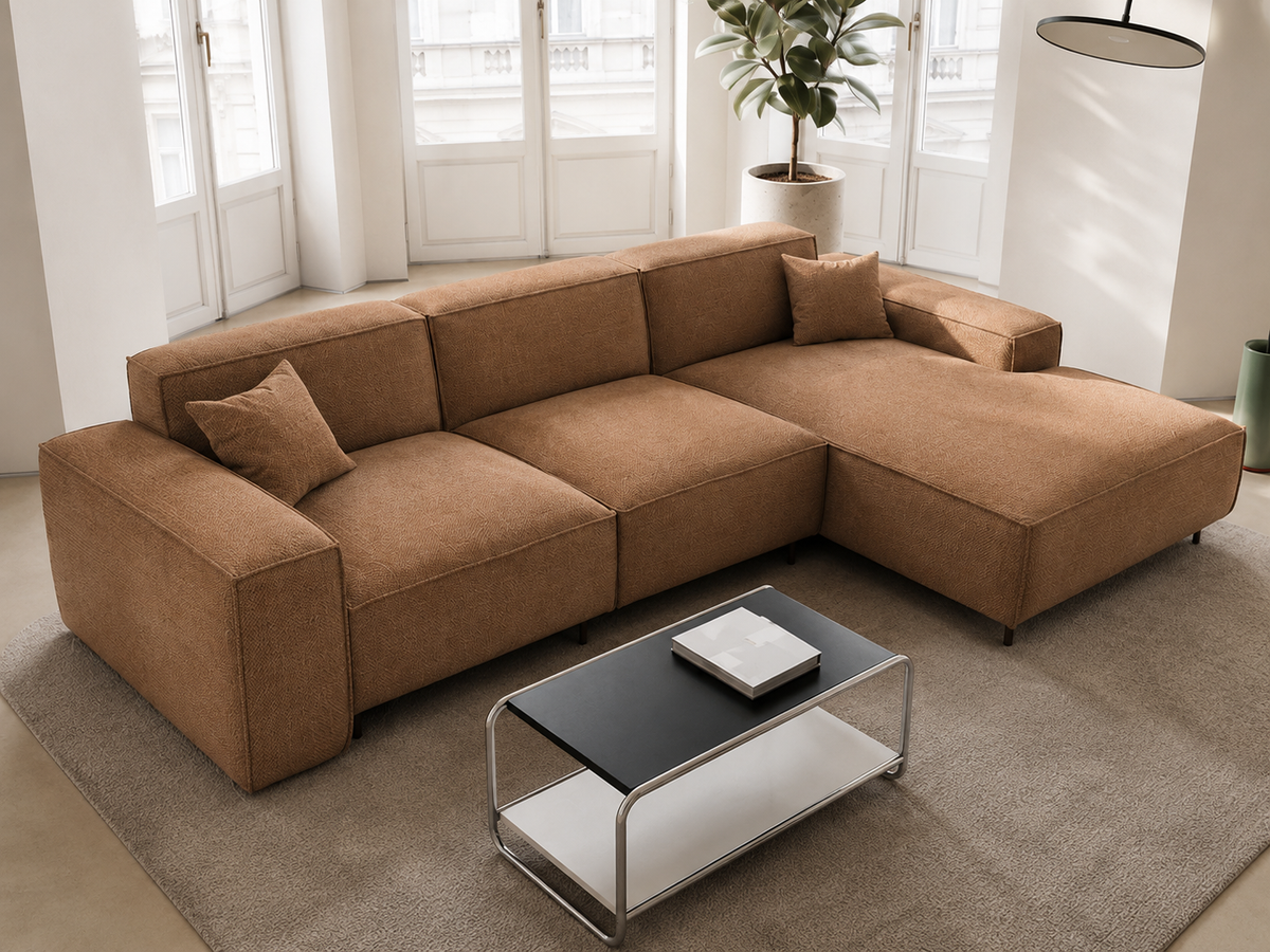 Ecksofa LUGA L HILLS – elegantes Designer-Ecksofa in L-Form mit Polsterstoff ARTICO für modernes Wohnen - Kupferrot