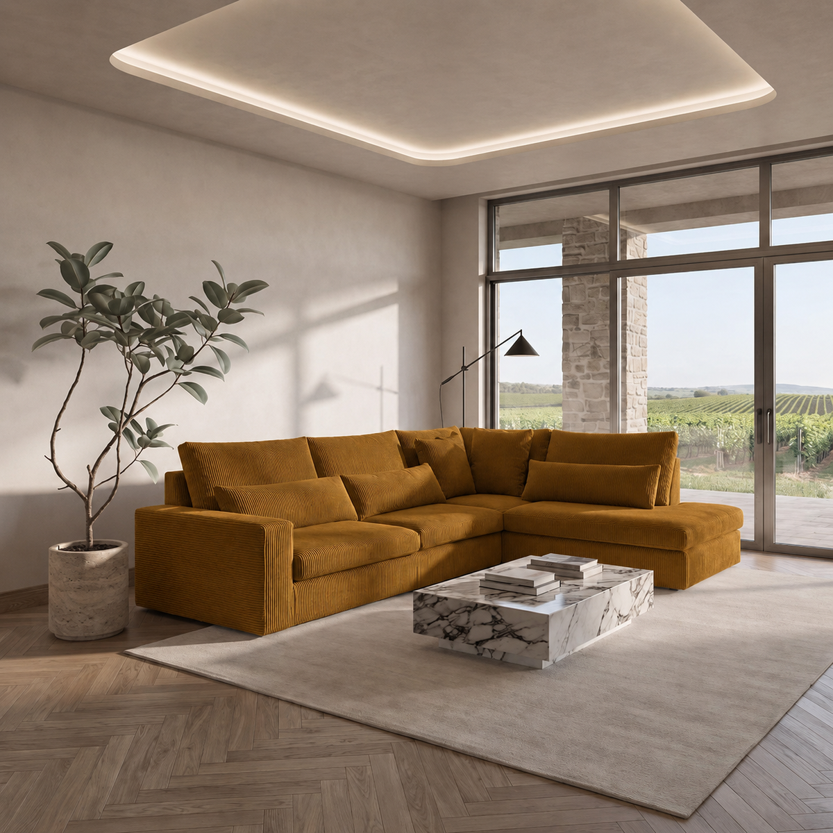 Ecksofa SVEN – modernes Sofa in L-Form 315x245 cm, freistehend, bequem und stilvoll - Senf (Poso 01)