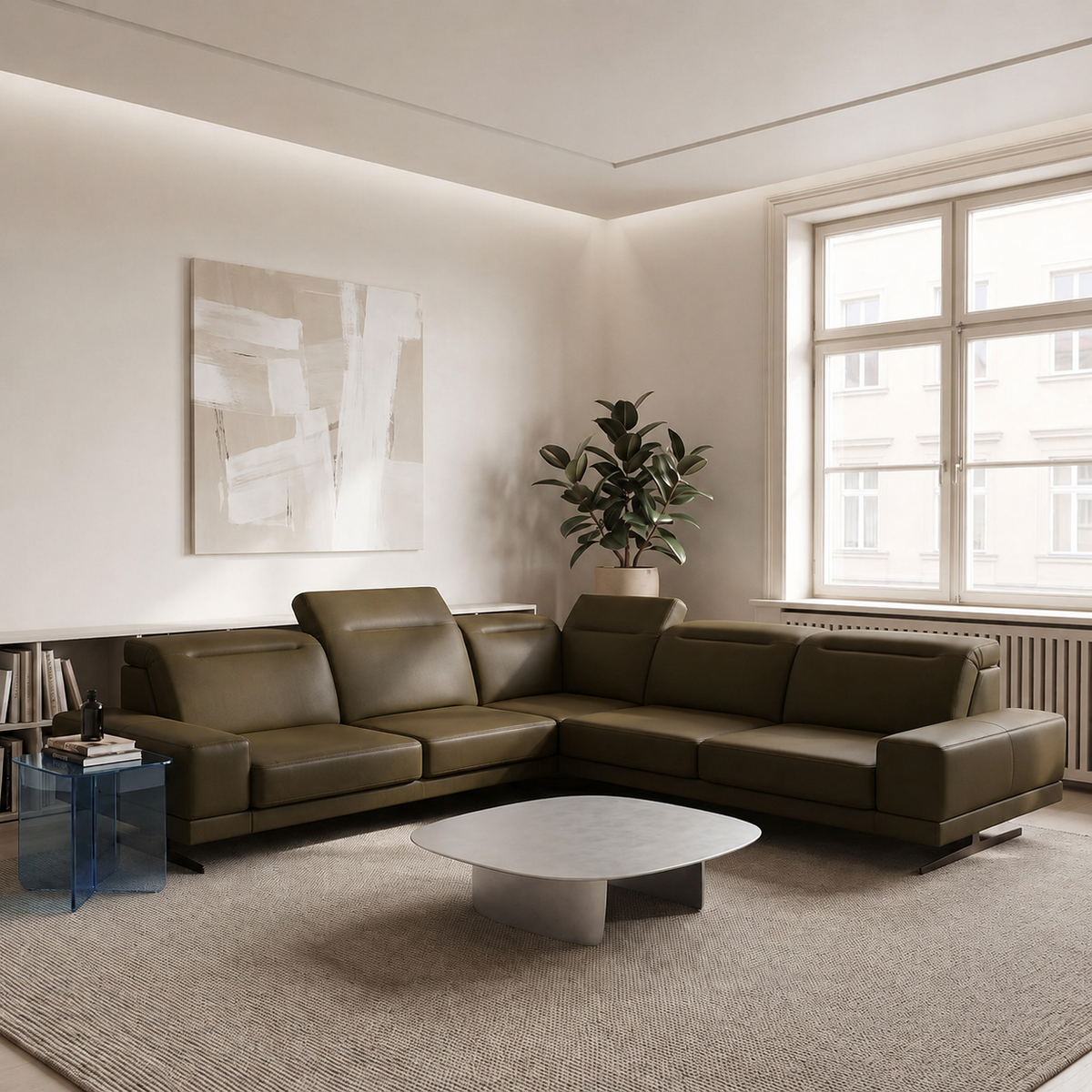 FIORE MAX Ecksofa 265x265 cm, Echtleder L-10, Olivbraun