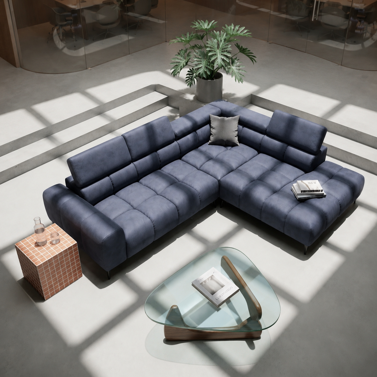 Ecksofa PLAZA L mit elektrischer Sitzverstellung und verstellbaren Kopfstützen – modern & komfortabel, Samt Solar 99 Schwarz