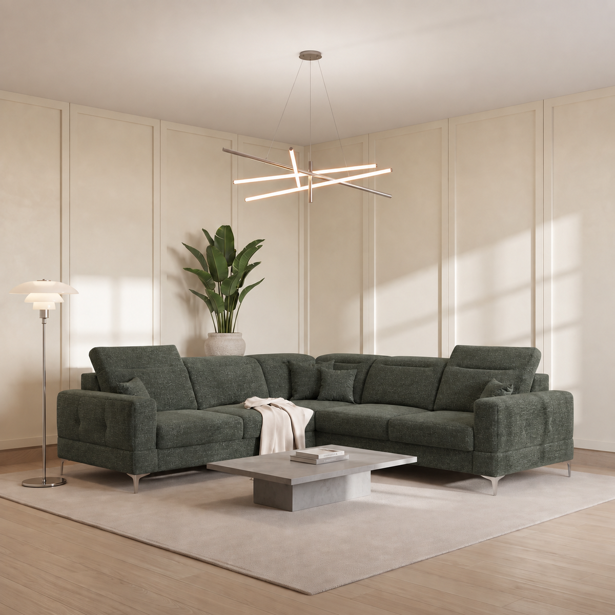 Ecksofa Malibu Max 250x250 cm mit Schlaffunktion, Stoff Gemma, Verstellbare Kopfstützen & Armlehne, Dunkelgrün (Gemma 39)