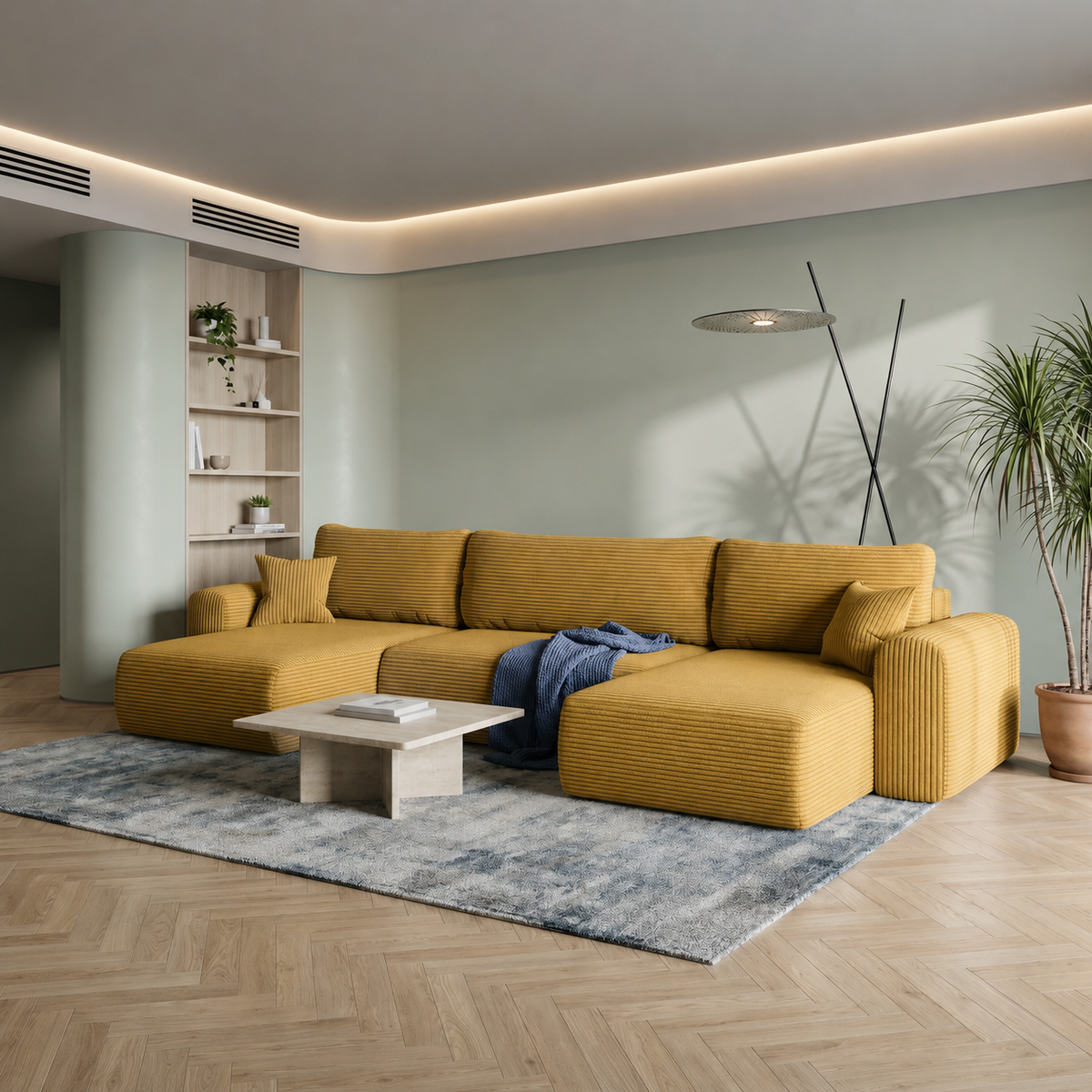 Ecksofa CAPRI U Wohnlandschaft mit Schlaffunktion Bettkasten Senfgelb (Poso 43)