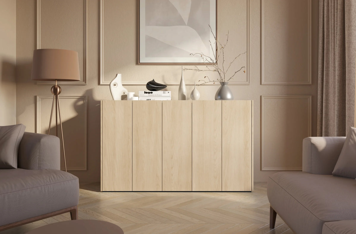 Kommode EASY Schrank mit LEDs  EA-01 Eiche / Weiß Hochglanz