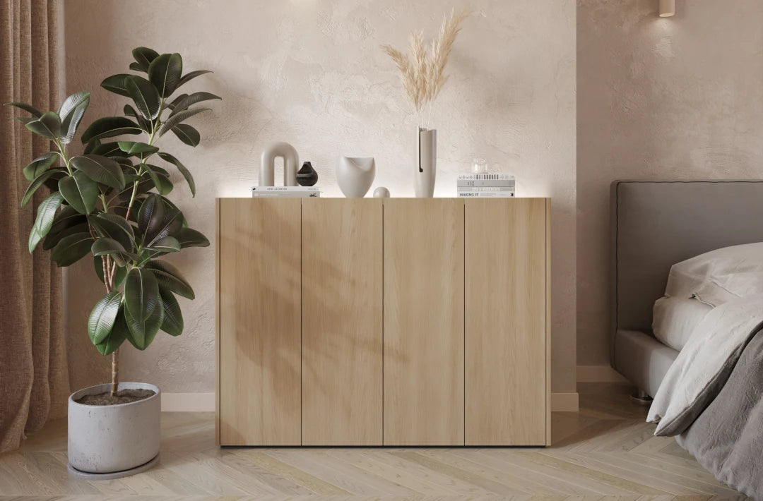 Kommode EASY Schrank mit LEDs  EA-02 Eiche / Weiß Hochglanz