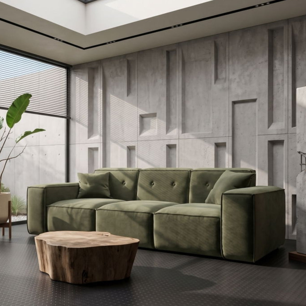 Sofa LUGA 225 cm mit Knöpfen 3-Sitzer Chenille Stoff Olivgrün (Perfect Harmony 39)
