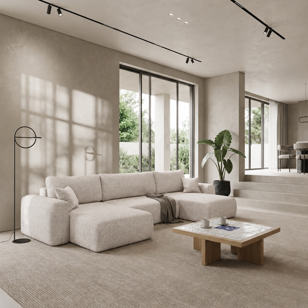 Ecksofa CAPRI U Wohnlandschaft mit Schlaffunktion Bettkasten Hellbeige Universall (Neve 03)