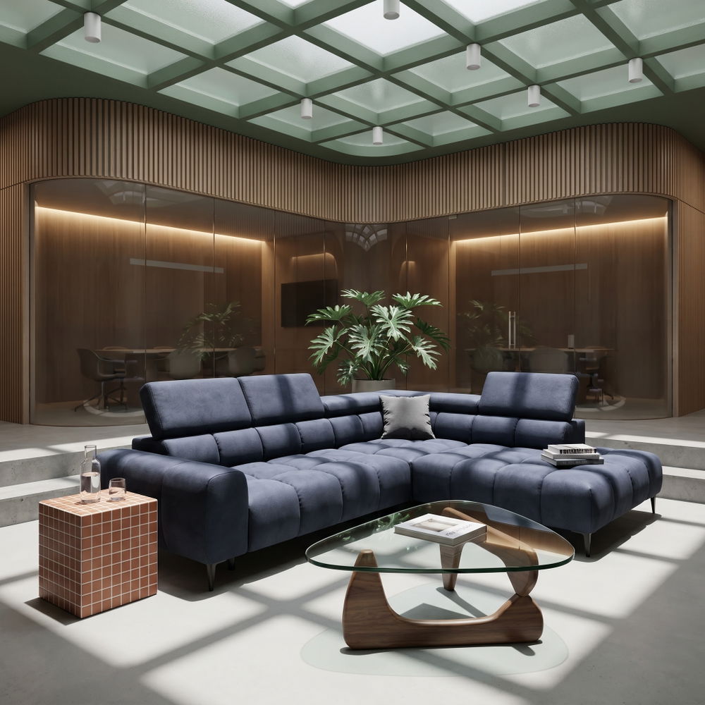 Ecksofa PLAZA L mit elektrischer Sitzverstellung und verstellbaren Kopfstützen – modern & komfortabel, Samt Solar 99 Schwarz