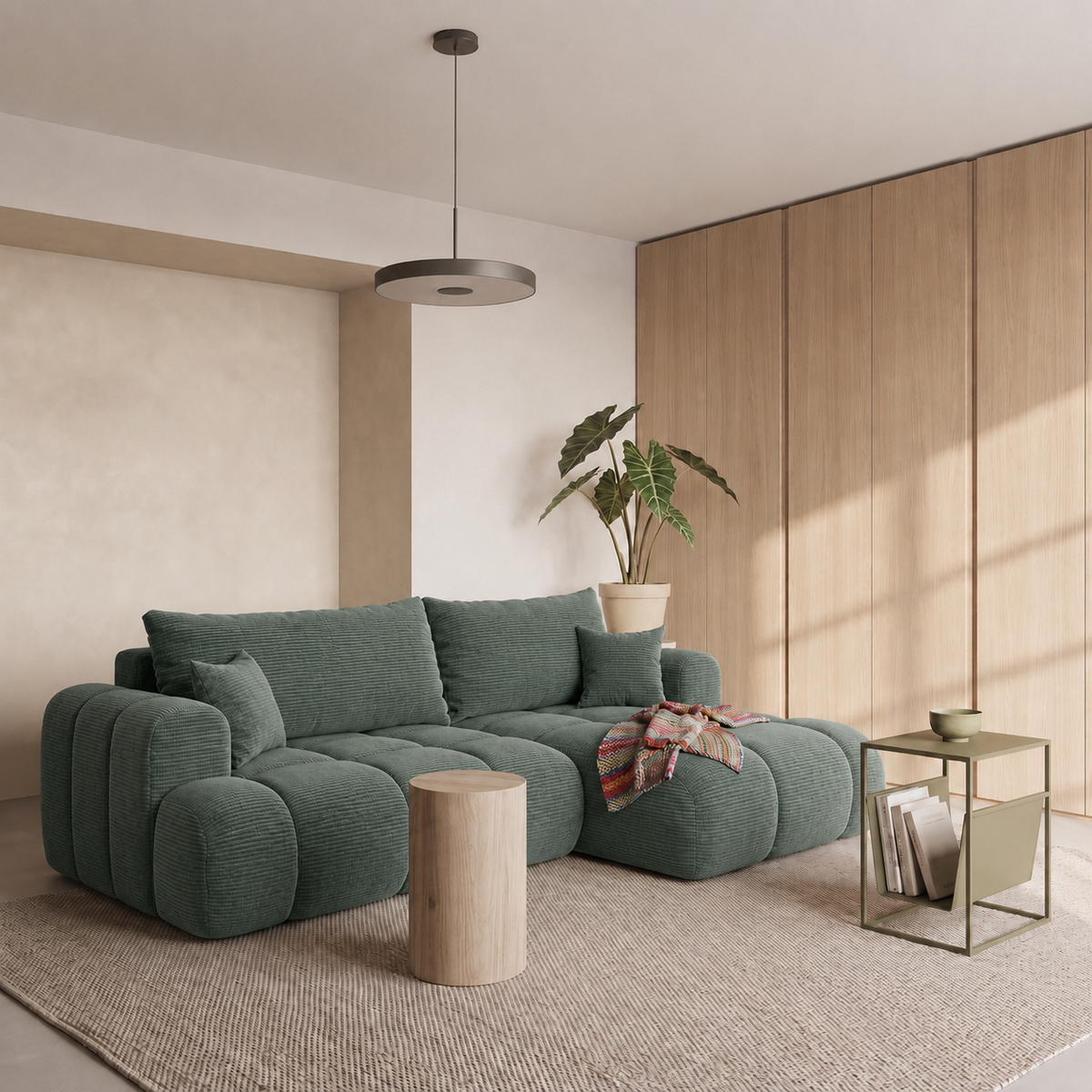 Ecksofa TREVIO L-Form mit Schlaffunktion und Bettkasten, Wolken-Design - Dunkelgrün, Stoff Poso 14
