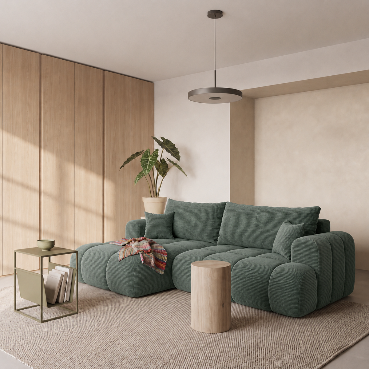 Ecksofa TREVIO L-Form mit Schlaffunktion und Bettkasten, Wolken-Design - Dunkelgrün, Stoff Poso 14
