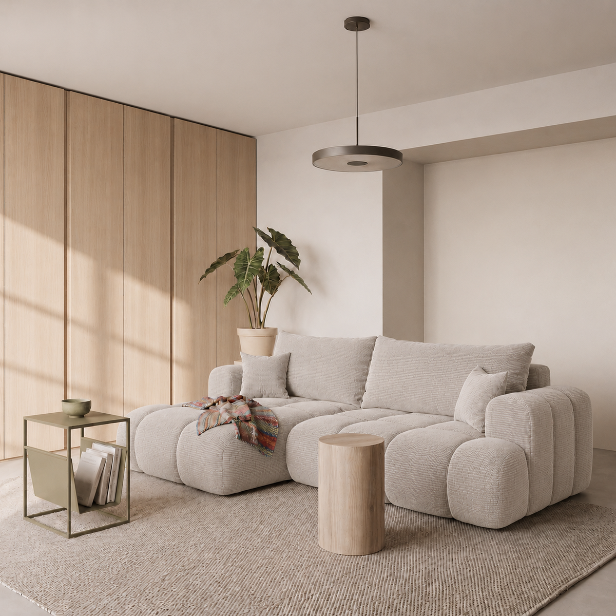 Ecksofa TREVIO L-Form mit Schlaffunktion und Bettkasten, Wolken-Design - Beige, Stoff Poso 105