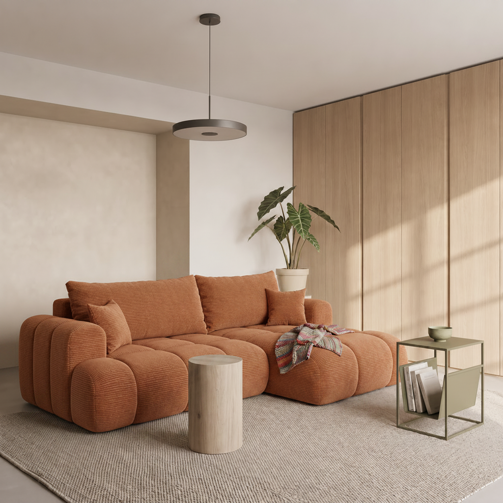 Ecksofa TREVIO L-Form mit Schlaffunktion und Bettkasten, Wolken-Design - Orange, Stoff Poso 40
