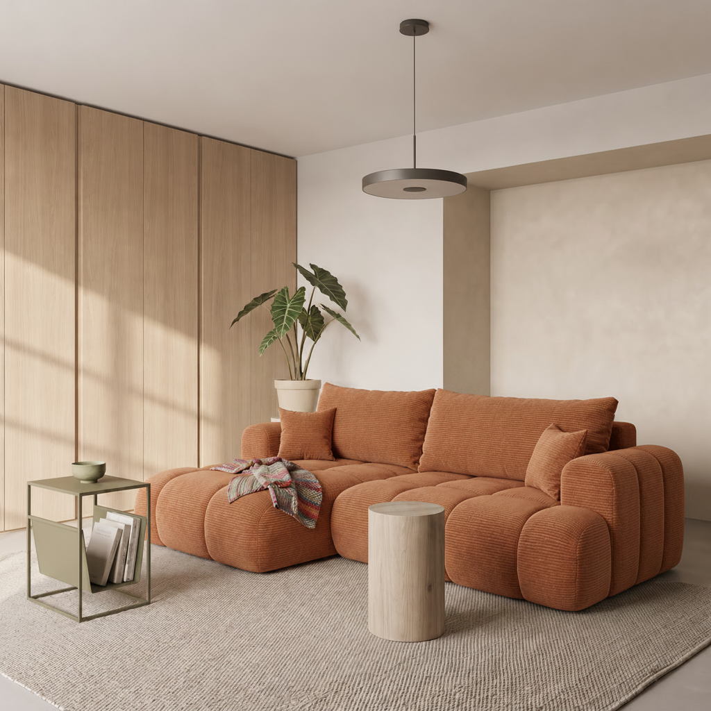 Ecksofa TREVIO L-Form mit Schlaffunktion und Bettkasten, Wolken-Design - Orange, Stoff Poso 40