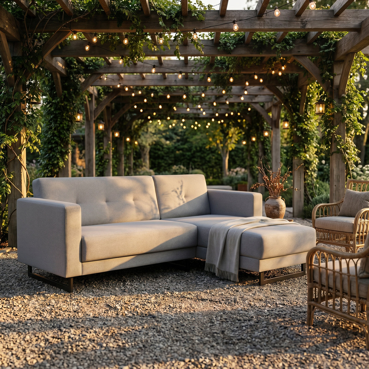 GENEVE Outdoor Ecksofa komfortabel modern mit wasserabweisender Polsterung Hellgrau Portoriko 7175