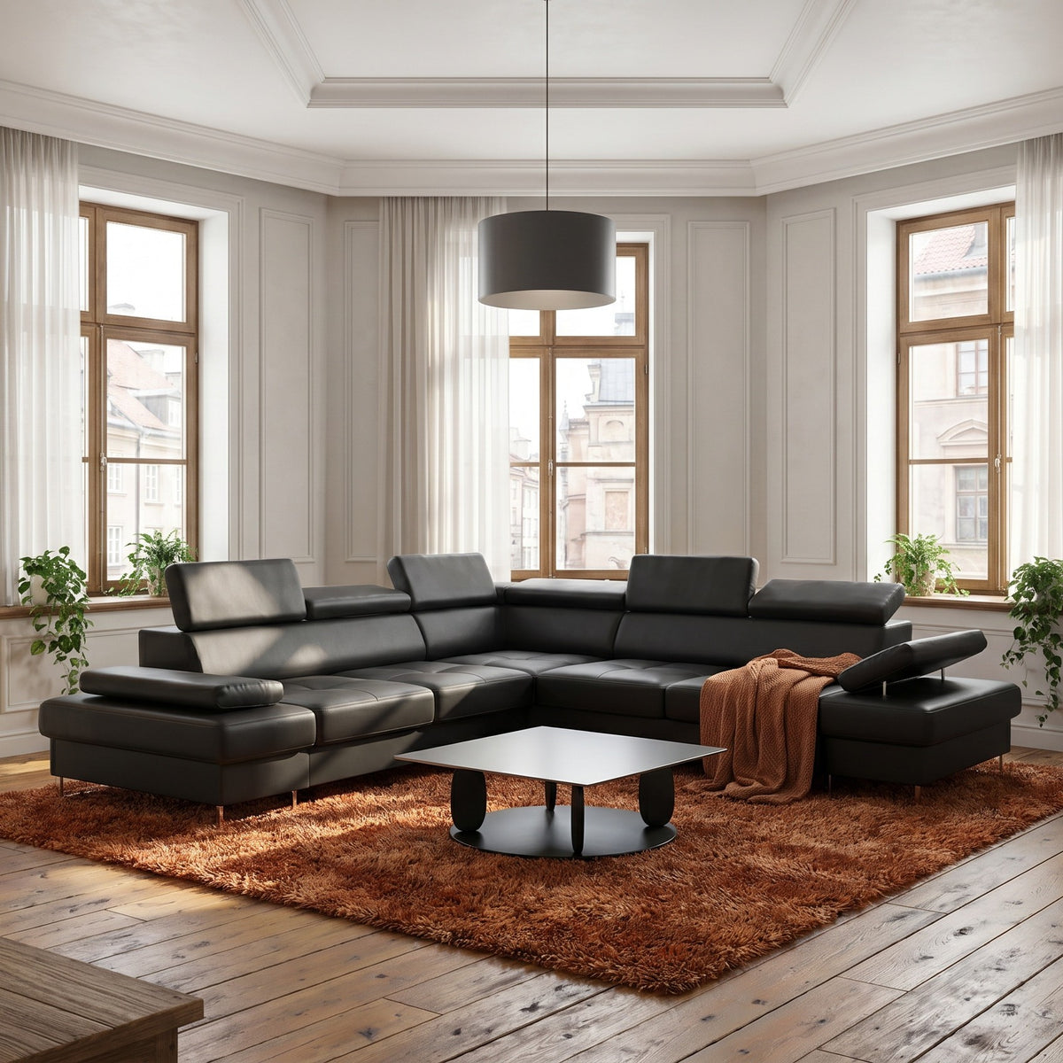 Ecksofa Echtleder GALAXY MAX 280x280 cm – Ledersofa L-Form mit Schlaffunktion & Bettkasten, Schwarz (K-70)