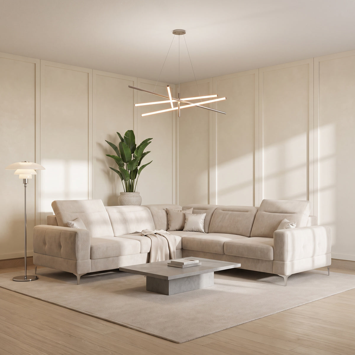 Ecksofa Malibu Max 250x250 cm mit Schlaffunktion - Stoff Terra, Verstellbare Kopfstützen & Armlehne, Beige (Terra 06)