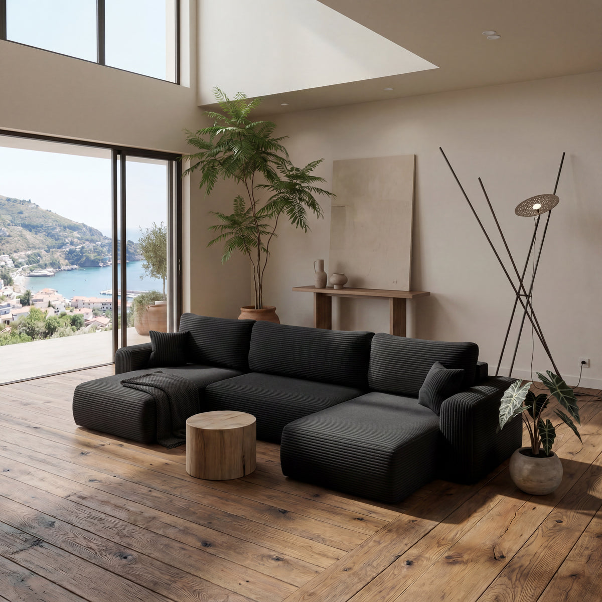 Ecksofa CAPRI U Wohnlandschaft mit Schlaffunktion Bettkasten Schwarz (Poso 135)
