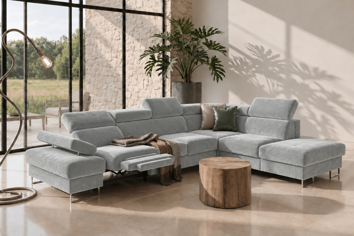 Ecksofa GALAXY RELAX mit Schlaffunktion, Bettkasten, 225×350 cm, Stoff Terra Relaxfunktion, verstellbaren Kopfstützen & Armlehne, Creme Beige (Terra 88)