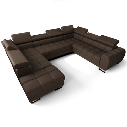 Ecksofa ASPEN MAX I – U-förmiges Ledersofa 265x350x225 cm mit Schlaffunktion und zwei Bettkästen, Braun (L-9)