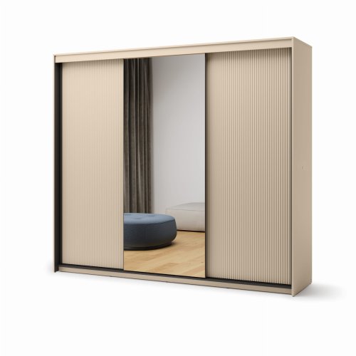 Schiebetürenschrank 250 cm in Sandbeige und Schwarz mit Spiegel – Modell TS-02