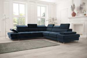 Ecksofa Galaxy MAX 280×280 cm mit Schlaffunktion – Stoffbezug TERRA Verstellbare Kopfstützen, Bettkasten, Dunkelblau (Terra 79)