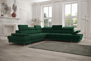 Ecksofa Galaxy MAX 280×280 cm mit Schlaffunktion – Stoffbezug TERRA Verstellbare Kopfstützen, Bettkasten, Dunkelgrün (Terra 39)