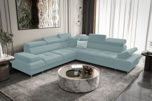 Ecksofa Galaxy MAX 280×280 cm mit Schlaffunktion – Stoffbezug GEMMA – Verstellbare Kopfstützen, Bettkasten,  Blau (Gemma 70)