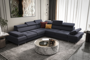 Ecksofa Galaxy MAX 280×280 cm mit Schlaffunktion – Stoffbezug GEMMA – Verstellbare Kopfstützen, Bettkasten, Dunkelblau (Gemma 77)
