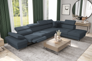 Ecksofa GALAXY RELAX mit Schlaffunktion, Bettkasten, 225×350 cm, Stoff Gemma Relaxfunktion, verstellbaren Kopfstützen & Armlehne, Dunkelblau (Gemma 79)