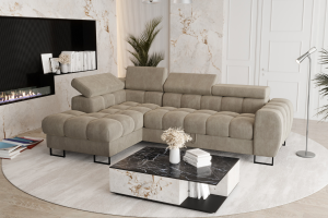 Ecksofa Aspen Mini mit Schlaffunktion– 260x170 cm - Terra Stoff - verstellbare Kopfstützen - Bettkasten - Liegefläche 117x190 cm,  Beige (Terra 13)
