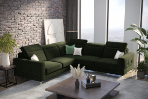 Ecksofa Malibu Max 250x250 cm mit Schlaffunktion, Stoff Gemma, Verstellbare Kopfstützen & Armlehne, Dunkelgrün (Gemma 39)