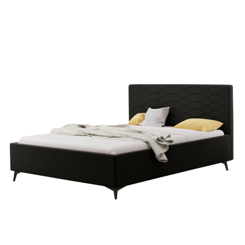 Bett MILY mit Bettkasten Polsterbett Kopfteil mit Nähten Metallfüße, Schwarz