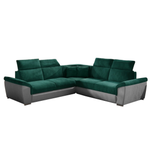 Ecksofa FIDELIA mit Schlaffunktion und Bettkasten Couch Verstellbare Kopfstützen, Flaschengrün + Hellgrau (Monolith 37 + 84)