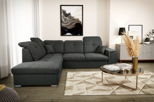 Ecksofa DAVIO L mit Schlaffunktion und Bettkasten und verstellbare Kopfstützen, Schwarz
