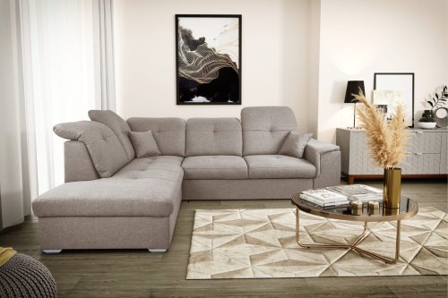 Ecksofa DAVIO L mit Schlaffunktion und Bettkasten und verstellbare Kopfstützen, Creme