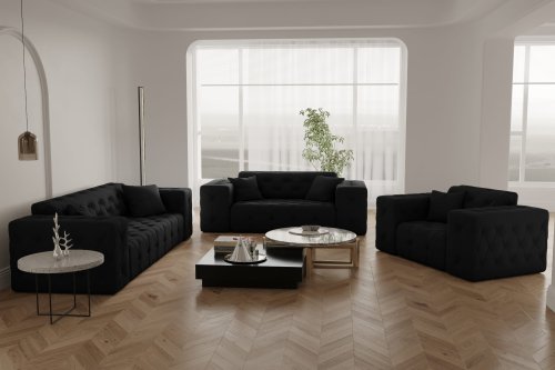Möbelset MODEST Sofa 3-Sitzer, 2-Sitzer, Sessel, gesteppt - Schwarz