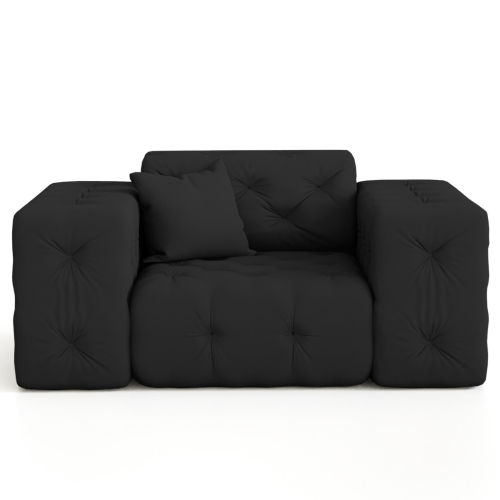 Sessel Modest – Chesterfield 1-Sitzer im modernen Samtstoff Opera, breite Armlehnen & dekoratives Kissen - Schwarz