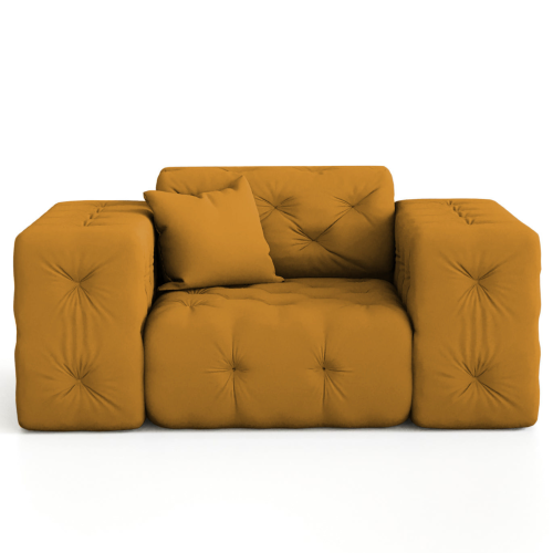 Sessel Modest – Chesterfield 1-Sitzer im modernen Samtstoff Opera, breite Armlehnen & dekoratives Kissen - Senf