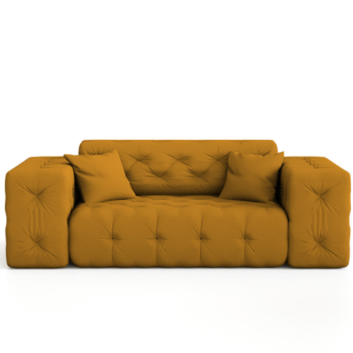 Sofa Modest 2-Sitzer – Chesterfield-Stil im Samtstoff Opera, breite Armlehnen & dekorative Kissen - Senf