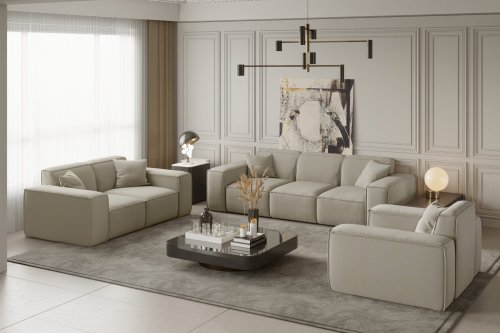 Möbelset LUGA – Sofa 3-Sitzer, 2-Sitzer & Sessel im modernen Samtstoff Velvet Opera, dekorative Kissen inklusive - Creme